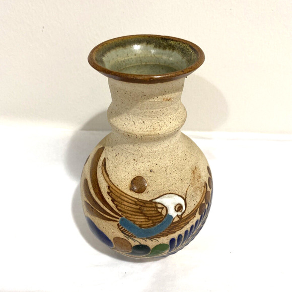 Tonala Mexican pottery bud vase stoneware bird feathers brown cobalt signed - Picture 2 of 8